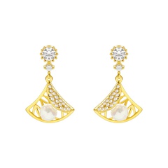 simple geometric fan-shaped pearl copper inlaid zircon earrings
