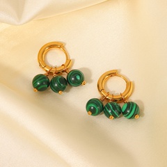 18K Gold Stainless Steel Three Green Malachite Tassel Pendant Earrings