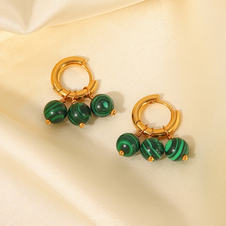 18K Gold Stainless Steel Three Green Malachite Tassel Pendant Earrings's discount tags