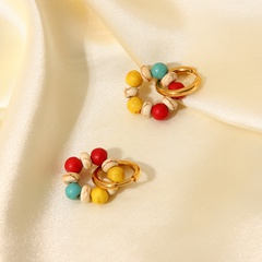 Fashion retro color stone bead ring 18K gold stainless steel earrings