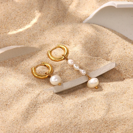 Fashion asymmetric pearl tassel 18K gold stainless steel earrings's discount tags