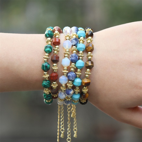 8MM geometric malachite bloodstone copper gold-plated bead bracelet's discount tags
