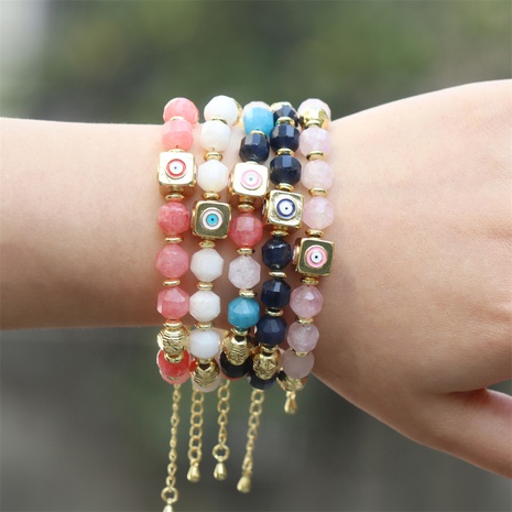 pink crystal aquamarine devil's eye adjustable copper gold-plated bead bracelet's discount tags