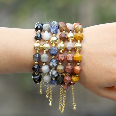 fashion geometric faceted beaded blue stone copper gold-plated bead bracelet's discount tags