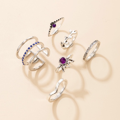 Fashion jewelry blue purple diamond six-piece geometric leaf hollow alloy ring set's discount tags