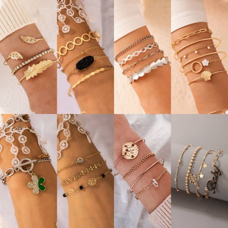 fashion alloy feather diamond flower shell geometric bracelet multi-piece set's discount tags