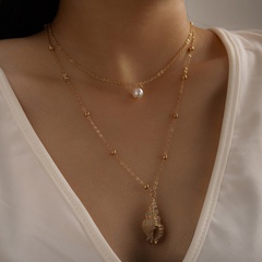 Fashion Jewelry Golden Conch Pearl Double Layer Alloy Necklace