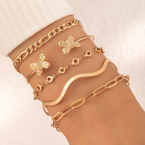 fashion butterfly wave open bracelet set geometric chain hollow five-layer bracelet's discount tags