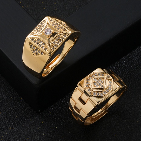Mode Kupfer Reales Gold Überzogen Micro Intarsien Zirkon Geometrische Männer der Öffnung Ring's discount tags