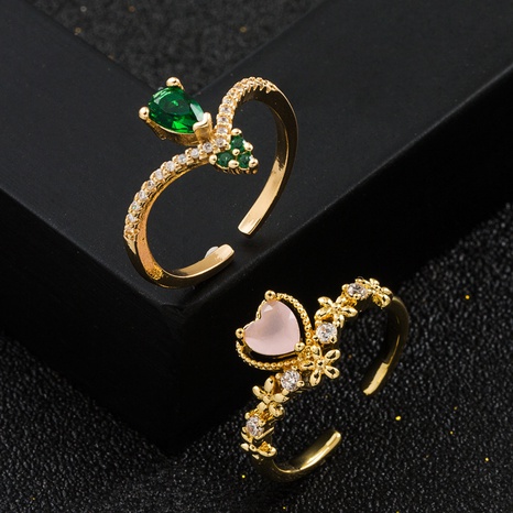 Copper Plated Real Gold Micro Inlaid Green Zircon Heart-Shaped Women's Ring's discount tags