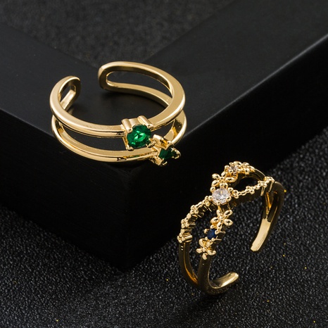 New Copper Plated Real Gold Micro Inlaid Green Zircon Geometric Opening Ring's discount tags