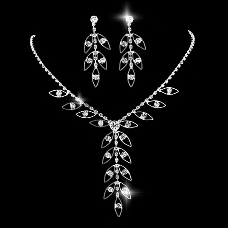 Fashion Crystal Rhinestone Leaves Necklace and Earrings Suit Wedding Accessories Copper's discount tags