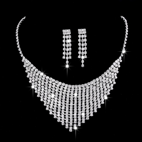 New Wedding Bridal Jewelry Rhinestone Tassel Pendant Necklace Copper Earrings Set's discount tags