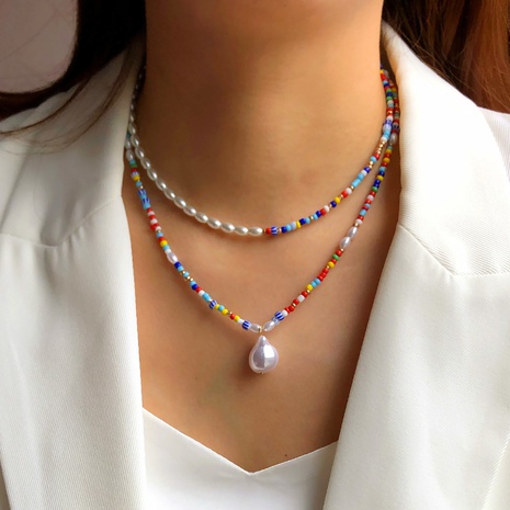 Fashion Pearl Necklace Female Pendant Double-Layer Beaded Colorful Clavicle Chain's discount tags