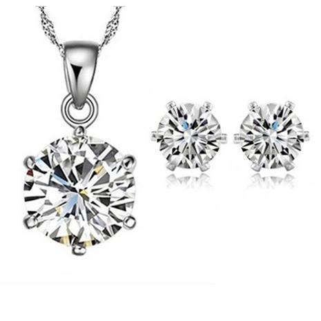 Fashion Jewelry Wholesale Six-Claw Single Zircon Pendant Alloy Necklace Earring Suit's discount tags