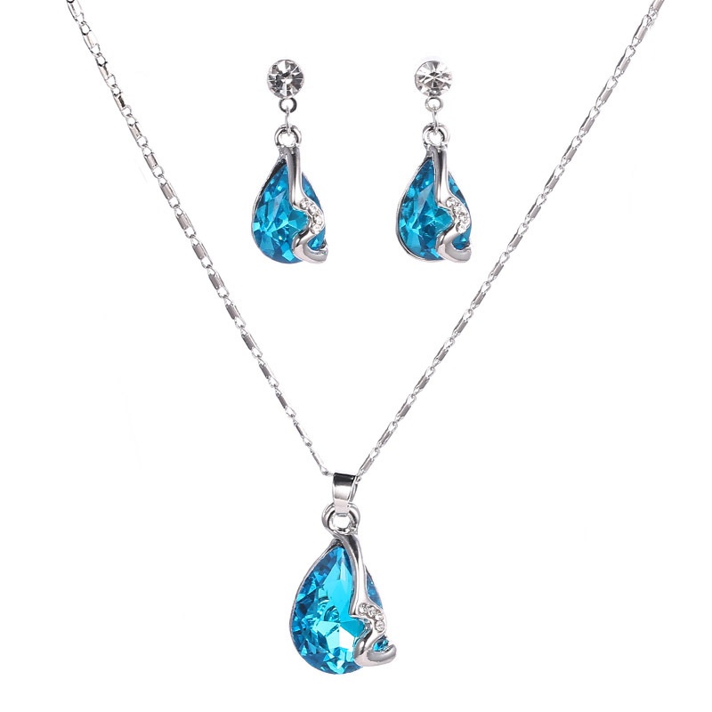 Fashion Jewelry New Water Drop Gem Necklace Earrings Suite Alloy