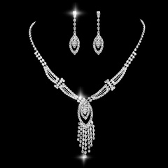 Fashion Bridal Tassel Long Leaf Rhinestone Necklace Earrings Two-Piece Set