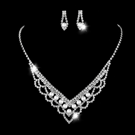 New Wedding Jewelry Diamond Necklace Women's Inlaid Pearl Female Earrings Set's discount tags