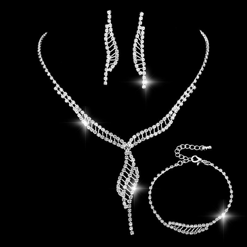Fashion Bride Full Diamond Copper Necklace Earrings Bracelet ThreePiece Set
