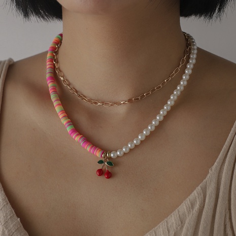 fashion asymmetric pearl color soft pottery double-layer necklace's discount tags