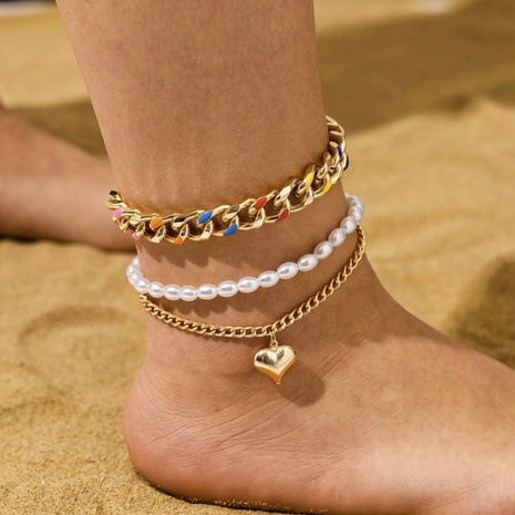 fashion multi-layer pearl heart rainbow oil drop aluminum chain anklet's discount tags