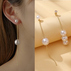 simple pearl tassel asymmetric chain rhinestone alloy earrings