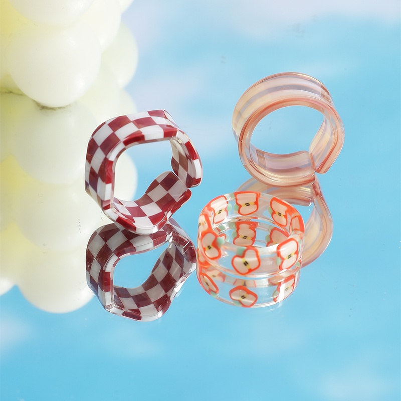 New checkerboard fruits resin contrast color ring threepiece set