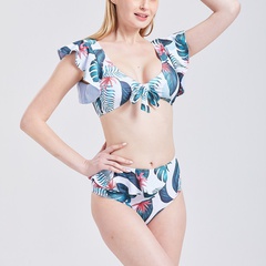 New split triangle print swimsuit women's ruffled sunscreen bikini suit
