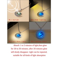 Green blue light luminous glass patch alloy moon necklace 42+5cm