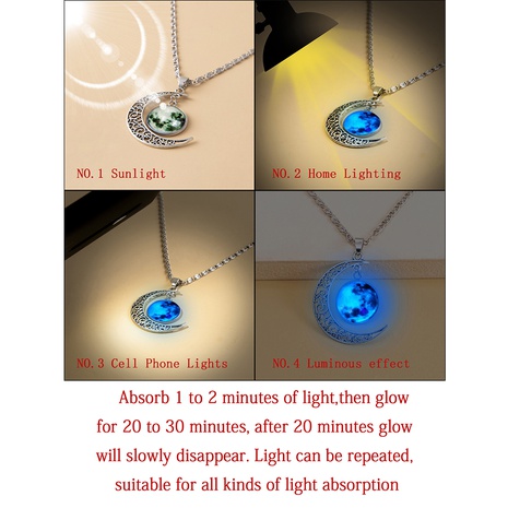 Green blue light luminous glass patch alloy moon necklace 42+5cm's discount tags