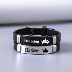 King Queen Letter Couple Stainless Steel Curved Bracelet Silicone Strap