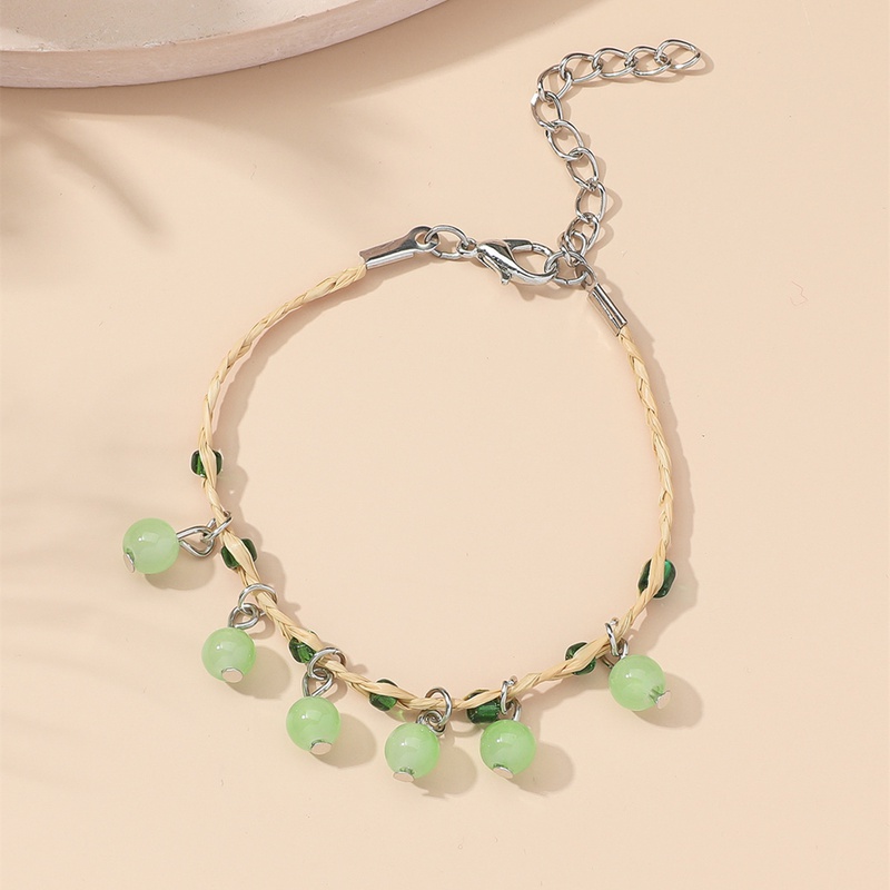 Vintage Natural Apple Green Crystal Bracelet Hand Braided Raffia Bracelet