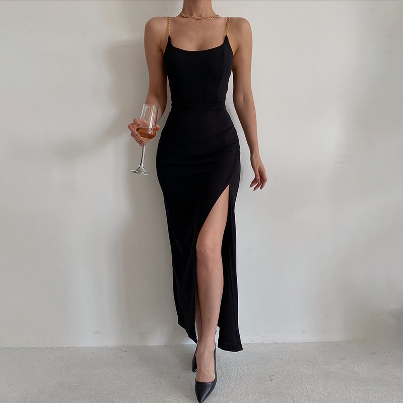 Womens new spring and summer fashion sexy backless suspenders slit slim dress