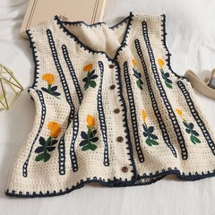 Cardigan gilet en tricot au crochet brodé de fleurs vintage