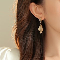 Elegant 925 Silver Needle Leaves Long Earrings Copper Plated Gold Earrings