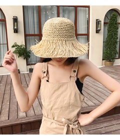 Straw Hat Women's Foldable Summer Tassel Simple Travel Big Brim Sun-Protection Hat Seaside Vacation Beach Sun Hat