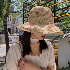 Casual Hand-Woven Straw Hat Women's Summer red heart Sun-Proof Bucket Hat