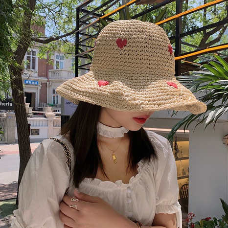 Sombrero de paja tejido a mano Casual para mujer sombrero de cubo a prueba de sol corazón rojo de verano's discount tags