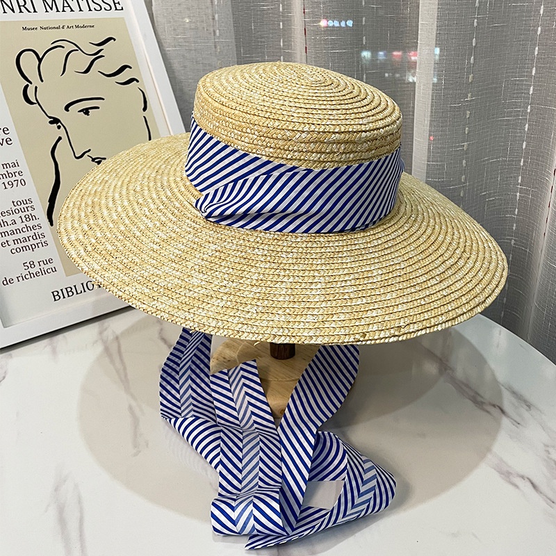 Pastoral Style Summer Big Brim Beach Hat Vacation Sun Hat Laceup WheatStraw Sunshade Hat