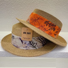 Retro Flat Top Printing Chain Strap Straw Hat Summer Holiday Concave Shape Sun Protection Hat