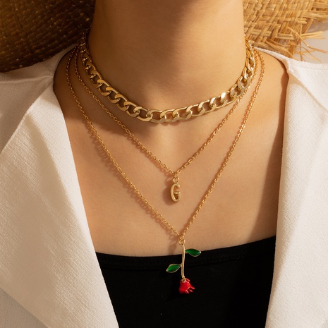 nouvelle lettre créative collier à trois couches fleur rose chaîne de chandail de la Saint-Valentin's discount tags