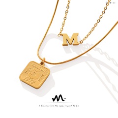 Ancient Greek Aegean M letter square pendant double-layered titanium steel plated 18K gold necklace