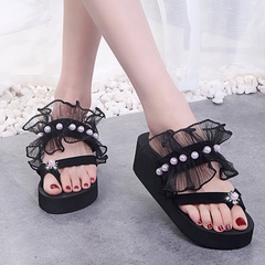 Moda de encaje perla cuña plataforma chanclas sandalias de mujer playa zapatillas