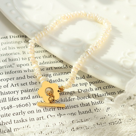Mode Barock Süßwasser Perle Blume Armband Titan Stahl's discount tags