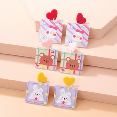 Fashion New Embossed Cartoon Cute Printed Rabbit Bear Acrylic Square Earrings