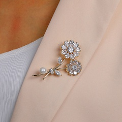 Fashion Copper 18K White Gold Color Zircon Pearl Flower Pin