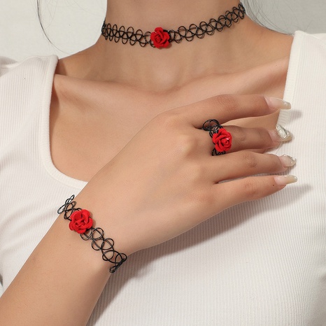 Formal Dress Accessories Summer Hollow Elastic String Red Rose Necklace Bracelet Ring Set's discount tags
