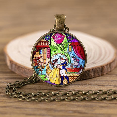 Rose Princess Prince Charming Glass Alloy Necklace Ancient Bronze Pendant's discount tags
