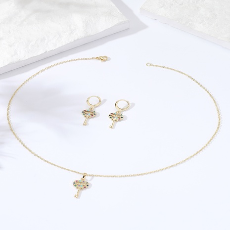 2022 Hot Sale Simple Temperamental All-Match Fashion Key Hollow-Shaped Inlaid Zircon Copper Plating Μm Gold Necklace Earrings Set's discount tags