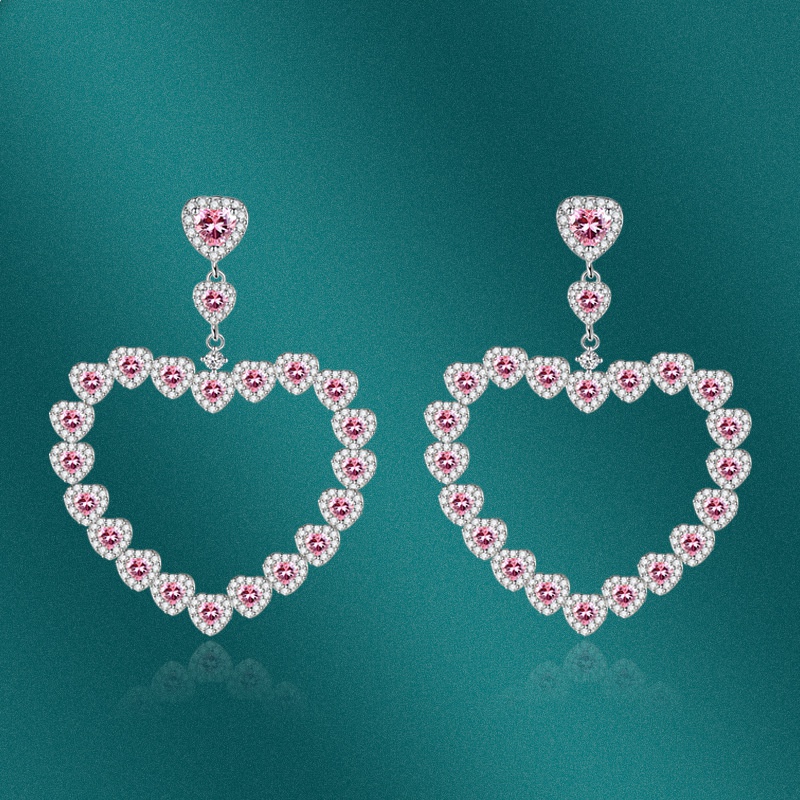 Fashion Retro HeartShaped Full Diamond Pink Copper Earrings